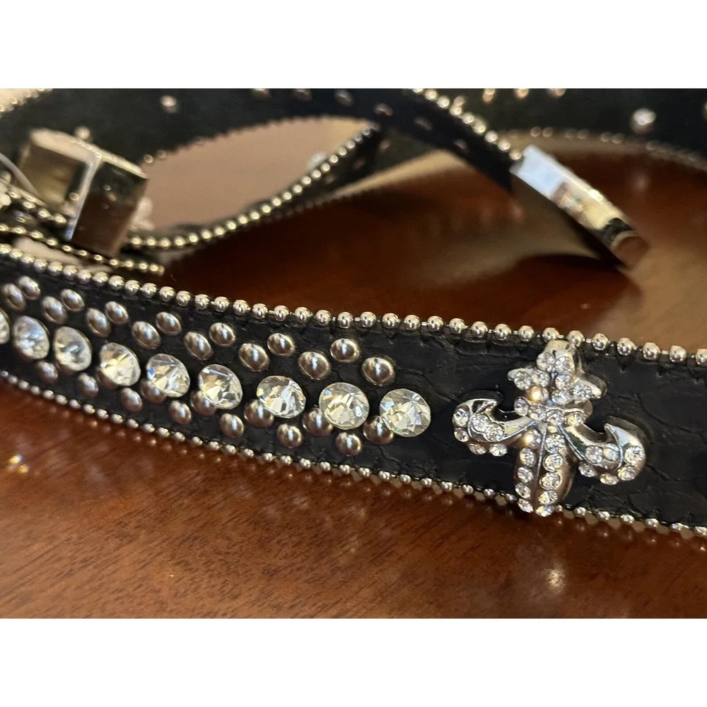 Women's Black Rhinestone Leather Belt size S/M Western Style Black Belt Bling